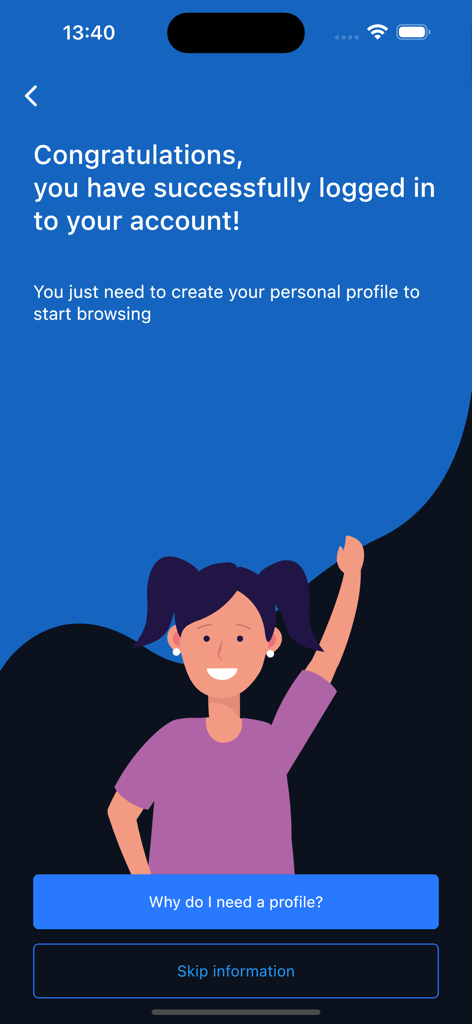 TMS player - Écran de l'application TMS Player confirmant la connexion réussie et invitant l'utilisateur à créer un profil personnel