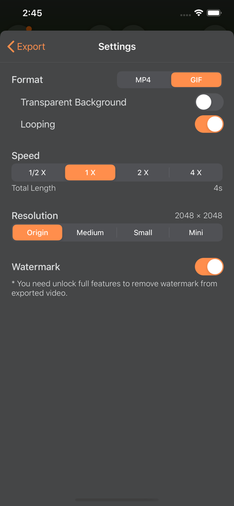 MotionBook export settings screen showing GIF and MP4 format options speed control and resolution settings