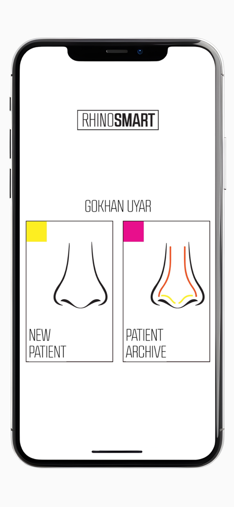 Rhino Smart - Main menu of the Rhino Smart app showing options for New Patient and Patient Archive with nose surgery diagrams.