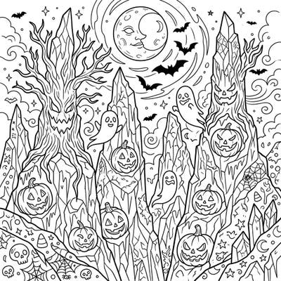 Embark on a chillingly creative journey with our unique Seracs Halloween coloring page. Discover a fantastical landscape where towering ice formations meet grinning jack-o'-lanterns, friendly ghosts, and a moonlit sky. Perfect for all ages, this intricate design promises hours of spooky coloring fun.