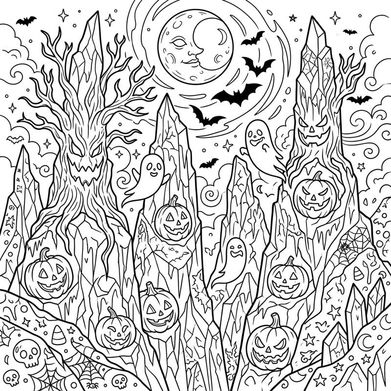 Embark on a chillingly creative journey with our unique Seracs Halloween coloring page. Discover a fantastical landscape where towering ice formations meet grinning jack-o'-lanterns, friendly ghosts, and a moonlit sky. Perfect for all ages, this intricate design promises hours of spooky coloring fun.