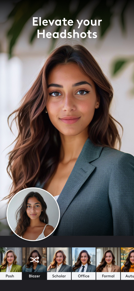 Photoleap-App-Oberfläche, die zeigt, wie ein lässiges Selfie in ein professionelles Business-Porträt mit verschiedenen Outfit-Stilen wie Blazer und Büro verwandelt wird.