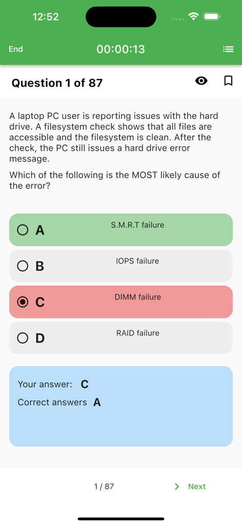 Ice Cert Engines - Ice Cert Engines mobile app interface showing an IT certification practice question with multiple choice options and answer feedback
