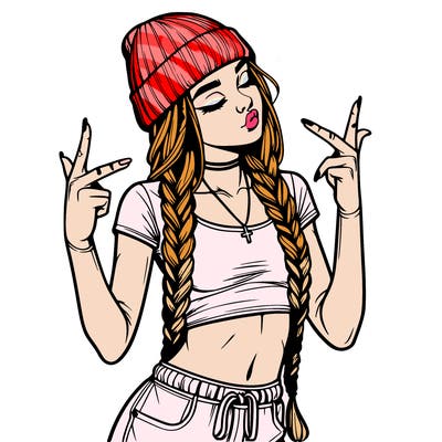 realistic teenage girl with braids and a beanie and crop top doing 🫶🏼
