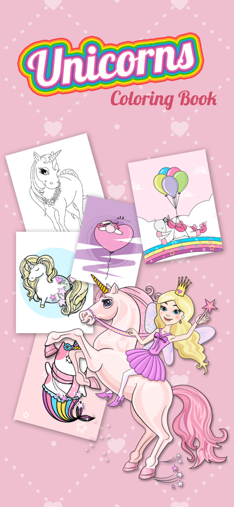 Princess riding a pink unicorn with various coloring pages on a pink background