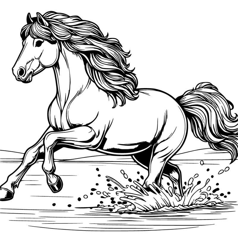 realistic horse with flowing mane galloping thru water on beach