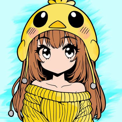 anime girl with chick shaped hat with sweater with bare shoulders with bangs covering them one eye with low tail