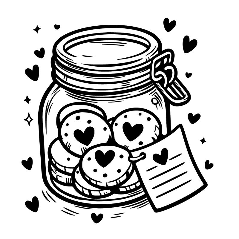 a jar of heart-shaped cookies with a love note.