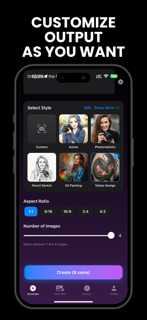 PictorAIアプリのインターフェース。スタイル選択やアスペクト比など、AI画像生成をカスタマイズするオプションが表示されています