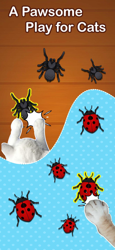 A white cat paw tapping on digital spiders and ladybugs in an interactive mobile game screen.