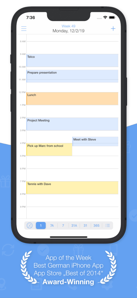 miCal - The missing Calendar - Visualizzazione dell'agenda giornaliera dell'app calendario miCal su un iPhone che mostra eventi codificati a colori