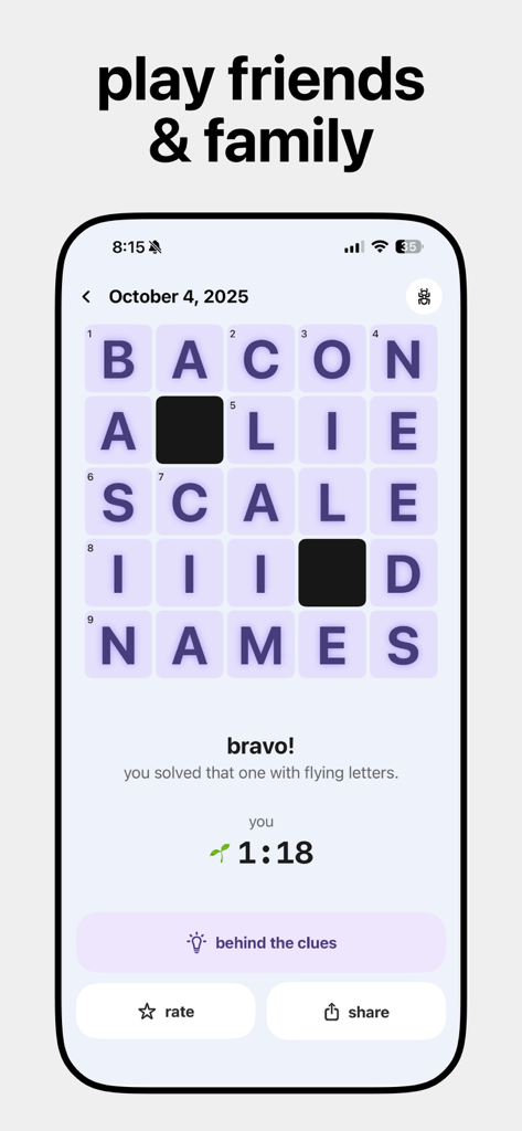 Crossword Chef - Daily Mini - A completed 5x5 crossword puzzle on the Crossword Chef app showing a solve time of 1 minute and 18 seconds