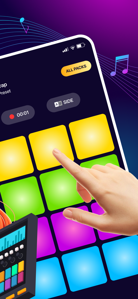 Music Pads: Beat Maker Machine - User tapping vibrant drum pads in the Music Pads beat maker machine