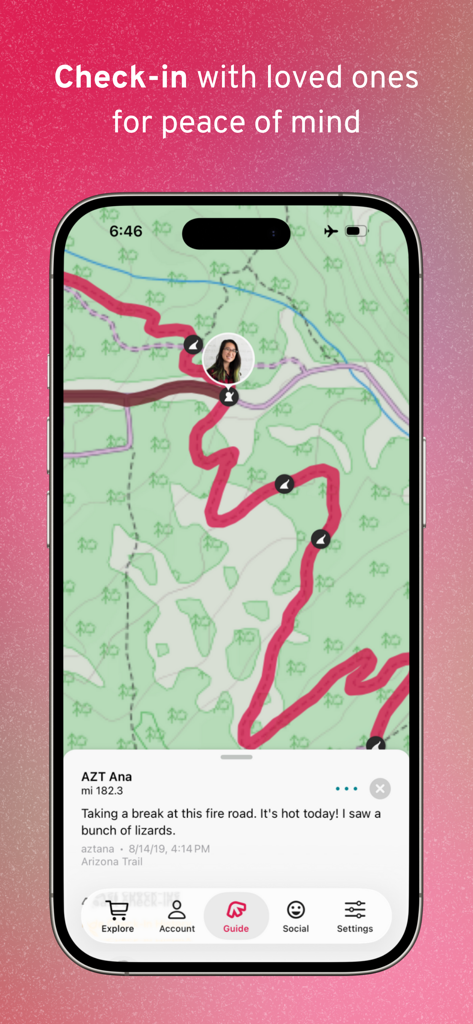 A hiker check-in post on a topographic trail map within the FarOut mobile app