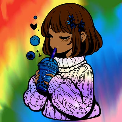 manga girl drinking boba in cozy sweater