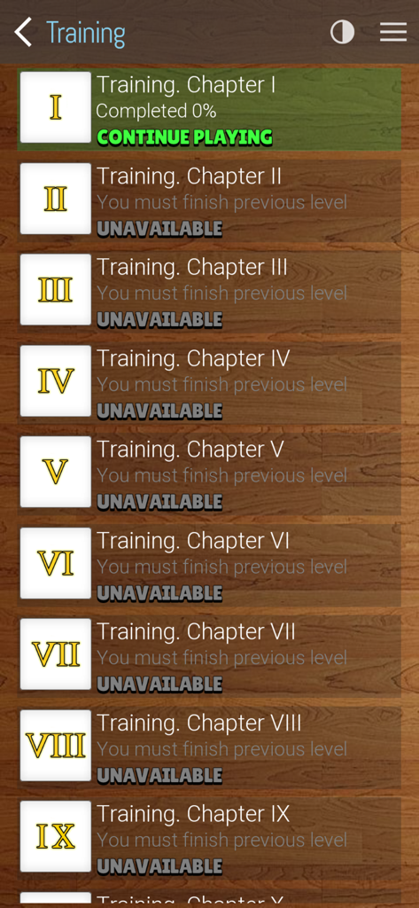 Word Architect - 잠긴 레벨과 나무 배경이 있는 Word Architect 훈련 챕터 선택 화면