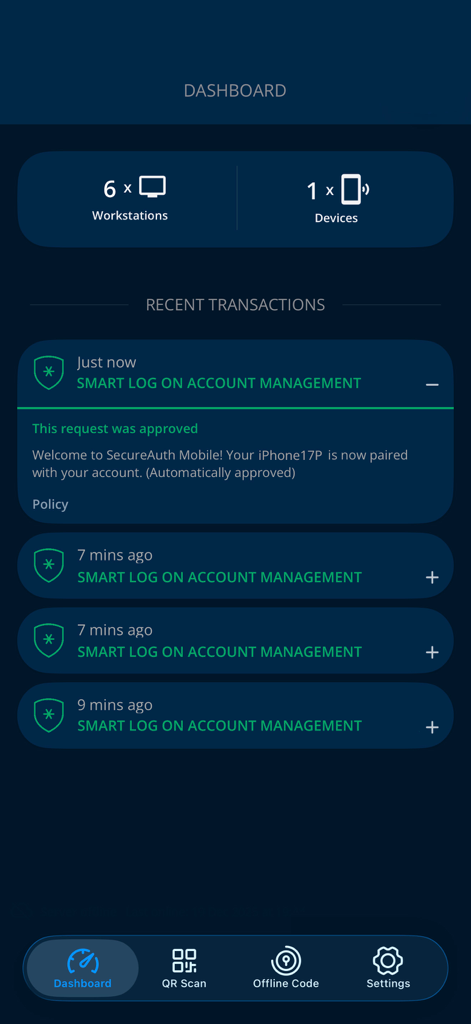 Smart Log On - Dashboard screen of the Smart Log On app showing recent security transactions and connected devices