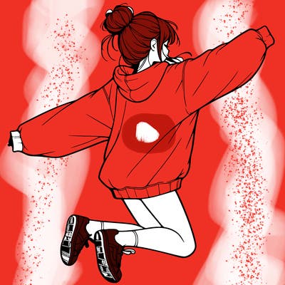 realistic girl jumping with a bun and oversized sweatshirt