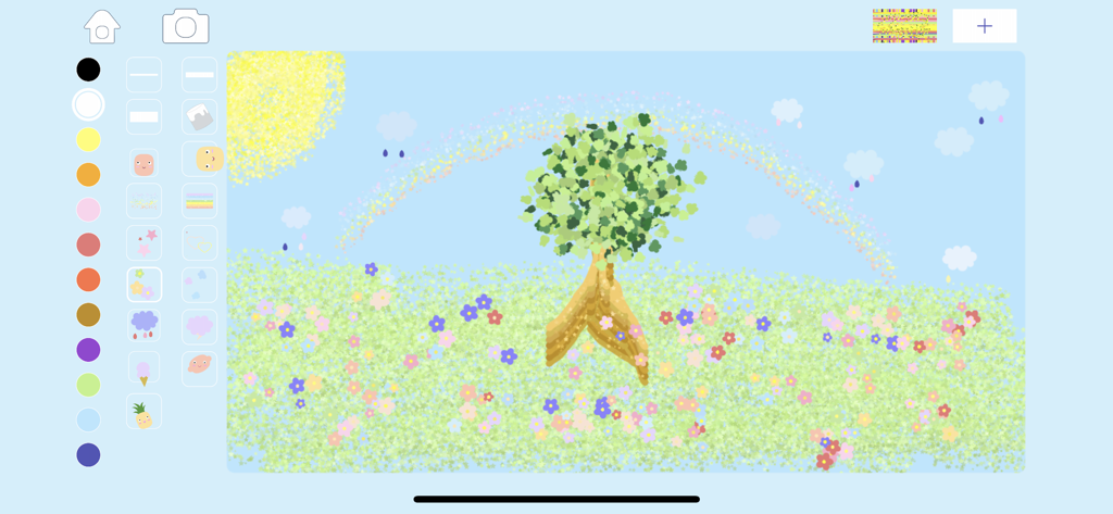 子供向けMagic Draw Paintアプリの、木と花のあるデジタル風景画