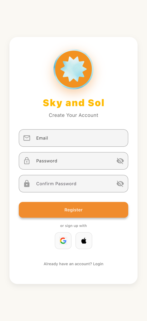 A tela de registro para o aplicativo Sky and Sol UV Tracker com campos de e-mail e senha, juntamente com opções de login do Google e Apple.