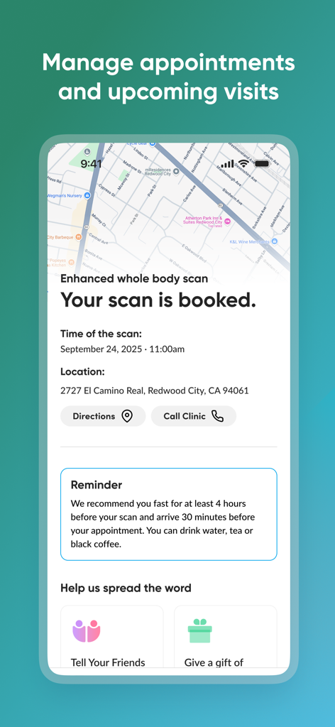 Prenuvo app interface displaying a booked whole body scan appointment with map and clinic location