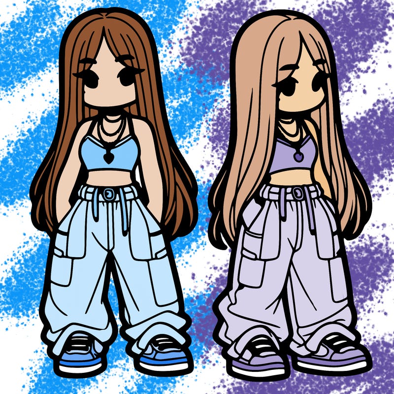 girl in baggy pants crop top and long hair