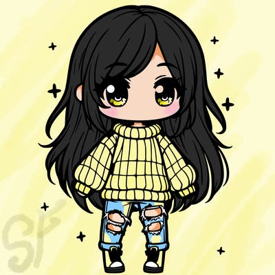 chibi girl with ripped jeans,long hair, and an oversized sweater