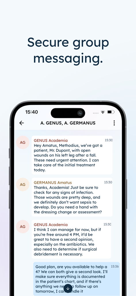 Pixacare - A screenshot of the Pixacare app interface displaying a secure group messaging thread between healthcare professionals discussing patient treatment
