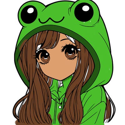 a pretty girl wearing a frog hoodie portrait with long hair