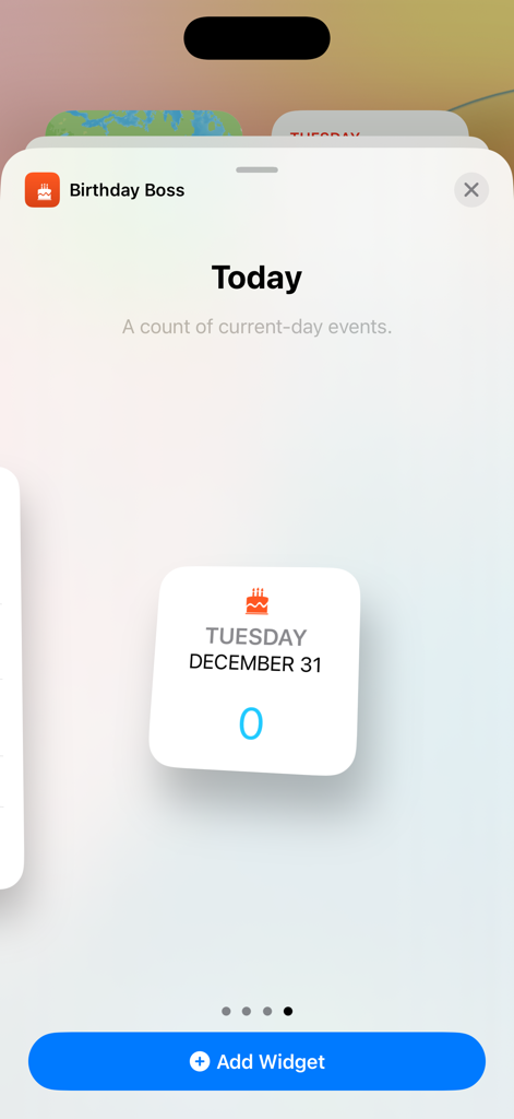Birthday Boss - Vista previa del widget Hoy de Birthday Boss en un iPhone que muestra cero eventos para el 31 de diciembre