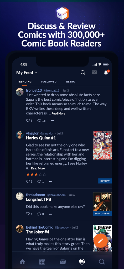 Comic Geeks App Community-Feed mit Comic-Bewertungen und Diskussionen von Lesern