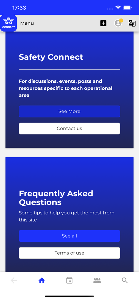 IATA Connect 앱 인터페이스, 항공 전문가를 위한 Safety Connect 및 자주 묻는 질문 섹션 표시