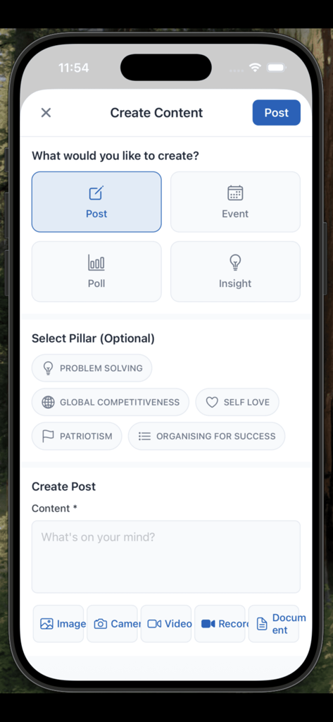 OWL Platform - Interface móvel para criar uma postagem na Plataforma OWL mostrando opções para eventos, enquetes e pilares temáticos como Resolução de Problemas e Competitividade Global.