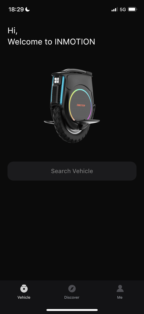 InMotion app welcome screen featuring an electric unicycle and a search vehicle button