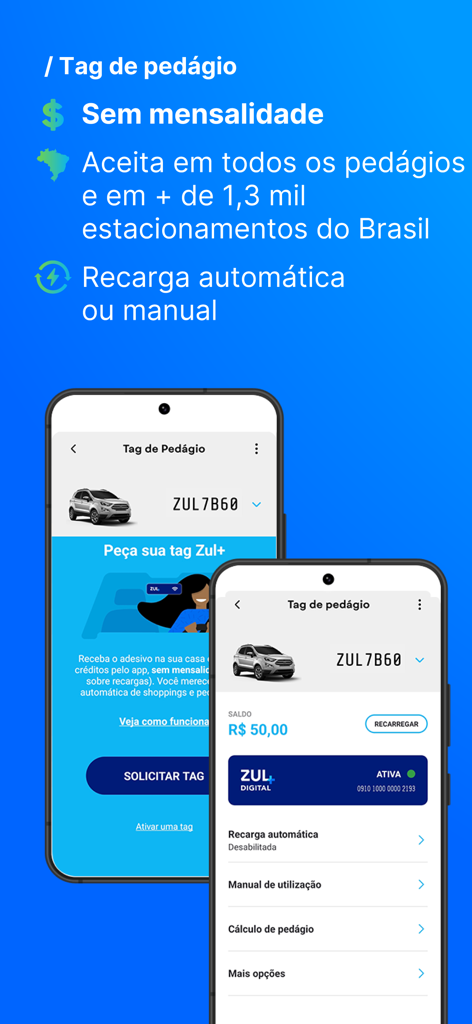 Zul Plus app interface for managing car toll tags and automatic recharges