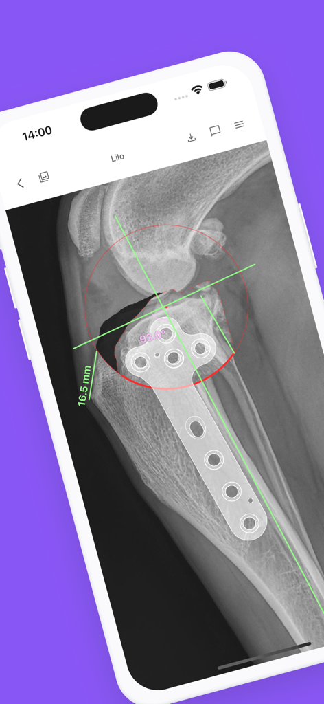 iPhoneでの獣医整形外科手術計画。デジタルインプラントテンプレートとX線測定値が表示されています