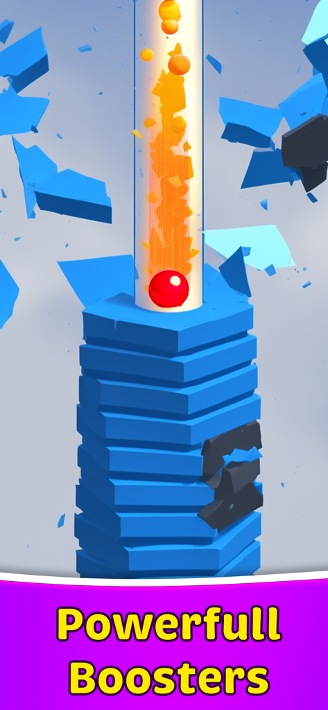 Helix Paint Ball - jump Stack - Capture d'écran du gameplay de Helix Paint Ball montrant une boule rouge cassant des piles de plateformes bleues avec des boosters puissants