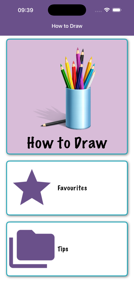 How To Draw Step By Step Easy - Pantalla de inicio de la aplicación Cómo Dibujar mostrando botones para tutoriales, favoritos y consejos de dibujo.