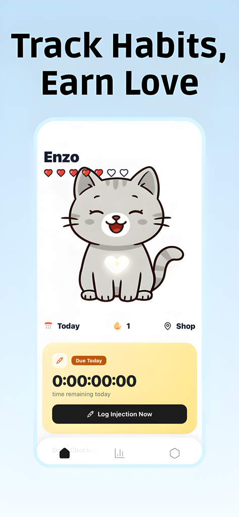 Enzo app interface featuring a cartoon cat mascot with health hearts and a daily habit tracking prompt for logging injections