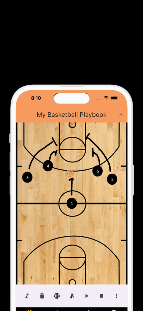 Una interfaz de cancha de baloncesto digital que muestra una jugada táctica con iconos de jugadores numerados y flechas de movimiento