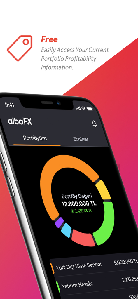 albaFX - albaFX mobile app dashboard showing a donut chart of investment portfolio distribution and total value