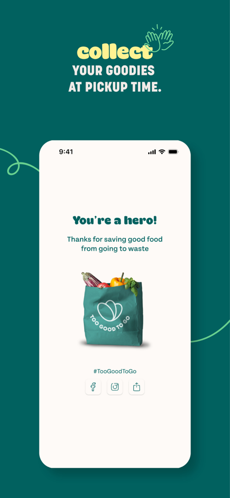 Too Good To Go: End Food Waste - Too Good To Go App-Bildschirm mit einer Erfolgsmeldung und einer Überraschungstüte gefüllt mit geretteten Lebensmitteln