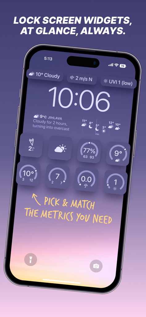 IPhone lock screen with custom Weathergraph weather widgets showing detailed atmospheric data.
