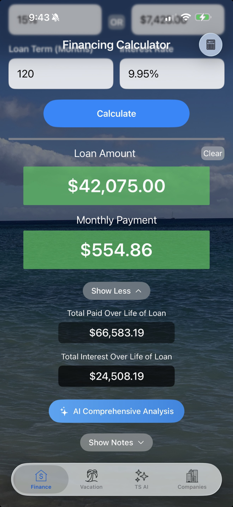 Timeshare Calculators with AI - Timeshare financing calculator interface with monthly payment and loan details.