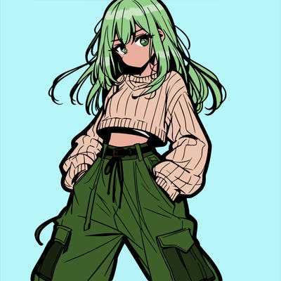 anime teen girl with baggy pants and crop top with sweater