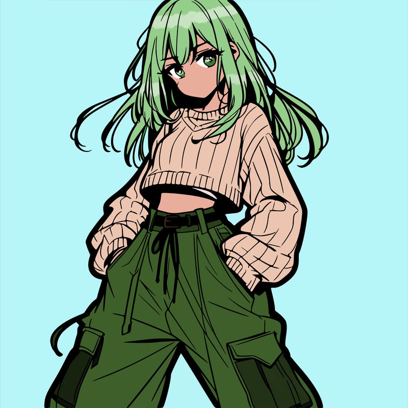 anime teen girl with baggy pants and crop top with sweater