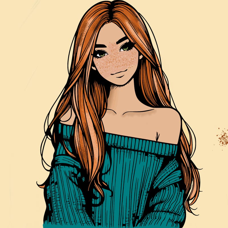 realistic girl with long hair wearing an off the shoulder sweater