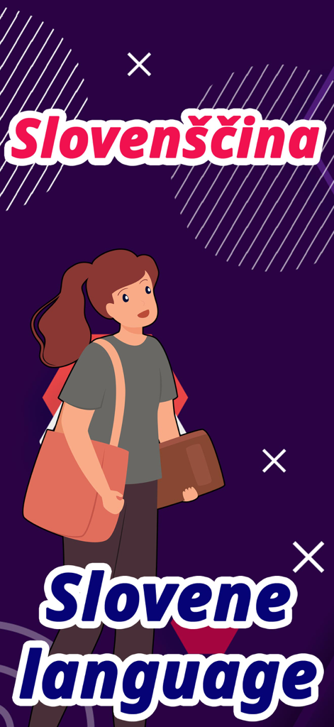Estudiante mujer caricaturizada con texto en esloveno sobre un fondo morado