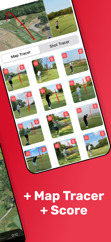 A gallery view of golf swing videos showing red ball flight tracer lines in the Shot Tracer app