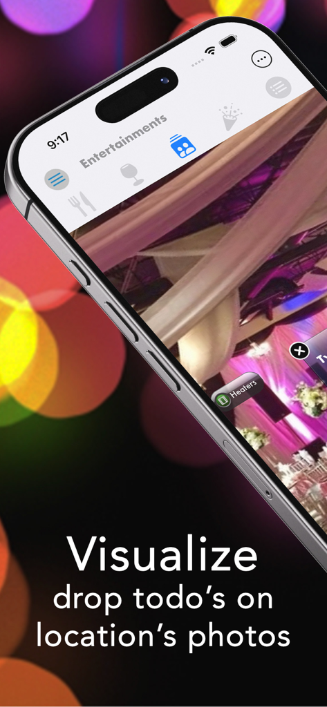 Pro Party Planner - Pro Party Planner app interface showing tasks pinned to a venue photo using augmented reality.